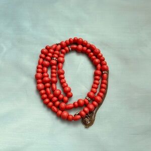 ✨J. Crew Long Beaded Necklace - Coral Pink with Rhinestone Accents